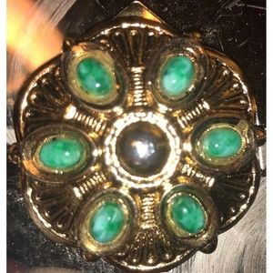 Art Signed Round Brooch / Dress Clip, Gold Tone with Faux emerald Stones. rare